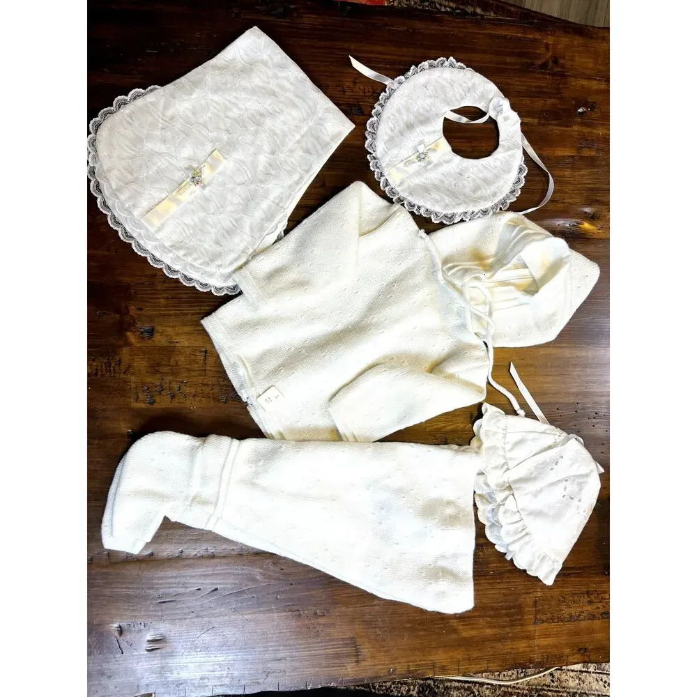 Soft White Knit Baby Clothing and Accessory Bundle w/ Baptism Bib - 0-3 months